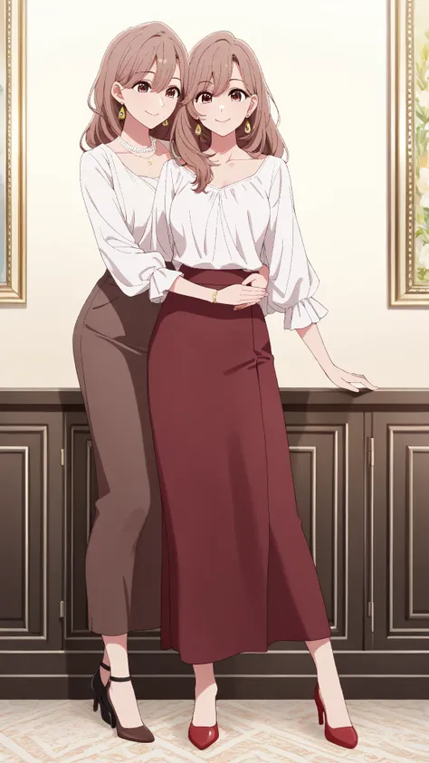 ((Alone)) masterpiece, best quality, professional photograph, ((Alone))  Miyako Saitou EXACT, long brown hair REQUIRED DO NOT CHANGE, thoughtful brown eyes, Elegant mature woman,   Shiny Jewelry  (elegant earrings, delicate collar), happy,  full body bikini, (((very affectionate smile))), Skirt with planks + Elegant blouse + heels 
