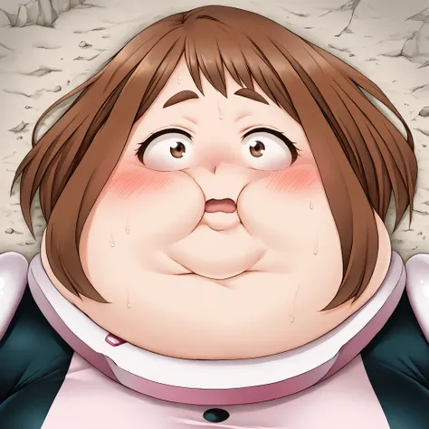  uraraka ochako, solo, 1girl, uravity outfit, belt, determined bulging belly, fat, chubby, obese, open mouth, out of breath, absurdres,confused, blush, {flustered}, nervous sweating, portrait, pov belly, averting eyes, [looking away], straight-on, from sid...