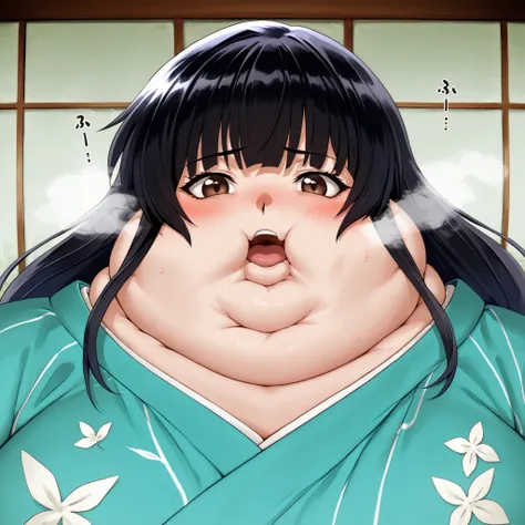 score_9, score_8_up, score_7_up, score_6_up, score_5_up, score_4_up, BREAK, source_anime, 1girl, kagomehigurashi, bangs, black hair, long hair, brown eyes, wearing a kimono
,masterpiece,best quality,amazing quality,bulging belly, fat, chubby, obese, open m...