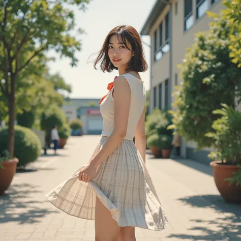 (masterpiece:1.2 ), (realistic, photorealistic:1.4), Beautiful Illustrations, ( natural side lighting , Cinema Light ), viewer , Japanese, Women's University, , close, Pretty Symmetrical Face , shiny skin , and the style is plump from the back、((' ...