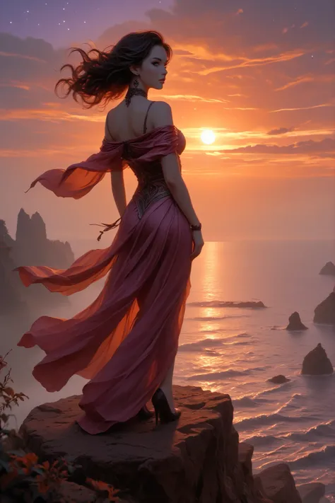 a Painting of a beautiful woman sitting on a cliff overlooking a body of water, she has dark hair and pale skin, on the horizon the sun is setting casting orange, pink and purple hues across a partly cloudy sky, above her an already starry sky and full moo...