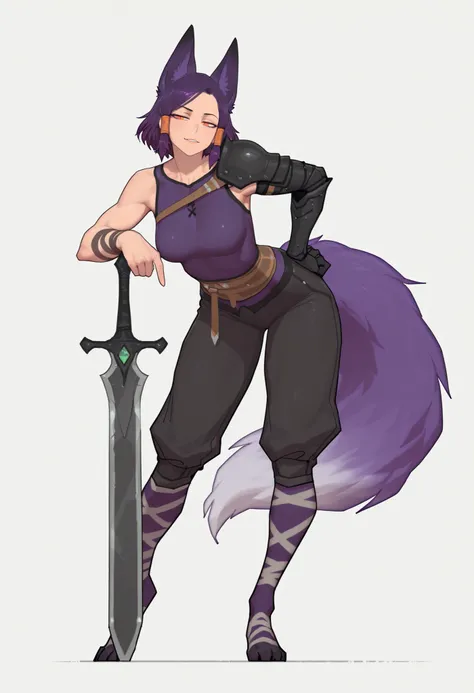 gorgeous kitsune girl, beautiful face, kitsune, gradient purple hair, dnd, beautiful woman, orange eyes, slit pupils, volputrous body, toned woman, curvy and athletic, fox ears, short hair, black buggy pants, single pauldron, single vambrace, single gauntl...
