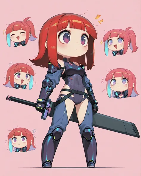 side angle, full body, character in the right corner of the image with the body turned to the left of the image, (masterpiece, vivid colors, 4k), {chibi}:(a beautiful and attractive woman with "Long red hair:1.2" and purple eyes, wearing a purple cyberpunk...