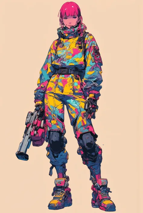 cyberpunk,(masterpeace), high quality, great quality, highres,(Line Art: 1.5),simple background, european-comic style Illustration,
BREAK
(1 girl), A girl wearing vivid-colored camouflage military fatigues, standing, holding a big hammer, high detail suit,...