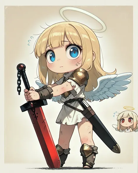 side angle, full body, character in the right corner of the image with the body turned to the left of the image, (masterpiece, vivid colors, 4k), {chibi}:(a beautiful and attractive woman with "long blonde hair: 1,2" and one blue eye and the other red, wea...