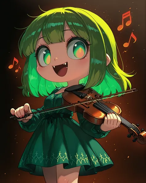 side angle, (masterpiece, detailed image, vivid colors, 4k), {chibi}:(a beautiful and attractive woman, with short green hair, expressive green eyes, wearing a short dark green dress with details of burnt light green musical notes at the end, standing play...