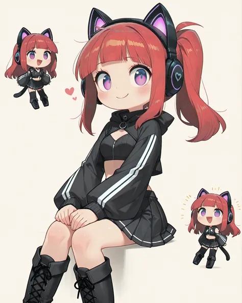 (masterpiece, 4k, detailed image, vivid colors), {chibi}:(A beautiful woman, with long red hair with pink tips and glowing purple eyes, wearing a futuristic black outfit with bright blue details on the sleeves, she wears cat-ear headphones, her outfit incl...