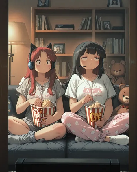 Masterpiece, ultra-detailed, 4K resolution, soft cinematic lighting, cozy indoor atmosphere, slice-of-life realism with subtle anime aesthetic.
Two beautiful friends sit side by side on a dark gray sofa, watching a movie in a cozy living room, with a wood...