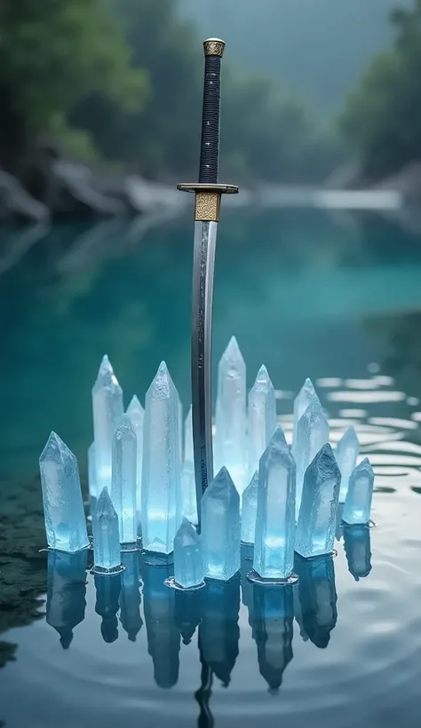 Crystal Lake,(masterpiece, best quality:1.2), a japanese sword,A shallow lake with crystals sticking out, with a Japanese sword stuck in the center