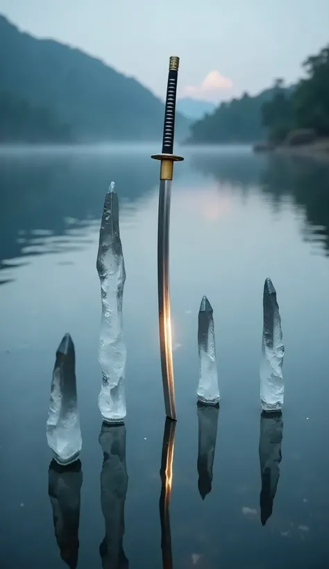 Crystal Lake,(masterpiece, best quality:1.2), a japanese sword,A shallow lake with crystals sticking out, with a Japanese sword stuck in the center
