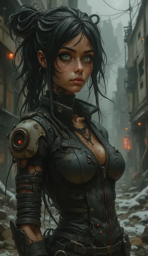 Realistic digital art. Realistic image of an unreal apocalypse girl. She stands with her head slightly turned towards the viewer. A very beautiful, slender, muscular European-type girl. Pale skin. Beautiful, big turquoise eyes. The look is incredulous and ...