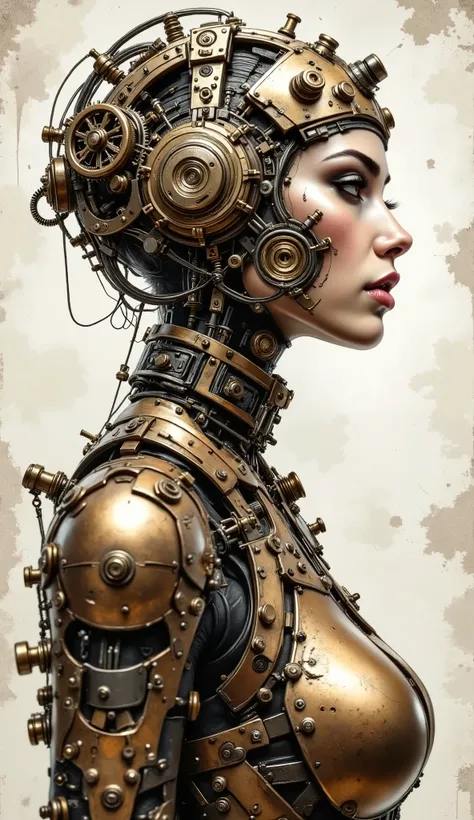 High quality digital sketch. Full body view. Envision an industrial machine depicted as a fantastical gorgeous fatale female anthropomorphic automaton, intricately designed with a combination of brass and copper elements, intertwined with carbon and a com...