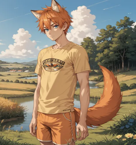 Source_anime, handsome, fishine style, kemonomimi, 1boy, solo, adult boy
Fox ears and tail, orange tail, orange hair, short hair, blue eyes,
Yellow shirt, short sleeves, orange shorts
Closed mouth, looking at viewer, standing
Outdoors, blue sky, gra...