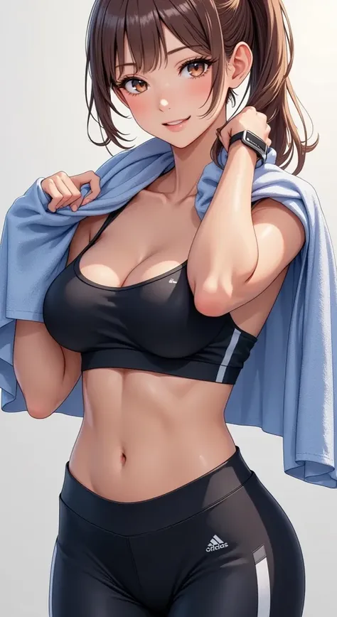  (masterpiece,    computer, mejor quality,    Clear focus, shadow, of God's rays, ultra high resolution, 8K, anatomía perfecta, rostro perfecto, (detailed face), (detailed eye), score_9, score_8_above, score_7_above, score_6_above, score_5_above, score_4_above, kilde_  animated, Label 1, Label2, quality_masterpiece,  Anatomically Correct , beautiful face, rostro perfecto, Beautiful and highly detailed face and eyes,   Attractive Face  , detailed face, Delicate facial features, bare shoulders, huge breasts, breast size cup D or DD, wide hips, gigantic butt, thick thighs. looking at the spectator. anime-style illustration with an elegant, slim build and pronounced bust, with long hair tied in a high ponytail, brown eyes and friendly expression. Wear tight sportswear: black top with white straps and black tights with white stripes on the bottom. She wears a light blue towel hanging over her shoulders and a sports watch on her left wrist.