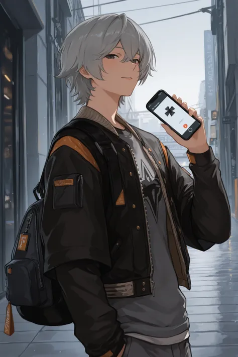 An anime-style character stands with one hand on the cell phone, presenting a relaxing atmosphere, postura confiante. The character has well-combed light gray hair, complementing her modern and youthful appearance. He is dressed in a stylish outfit consist...