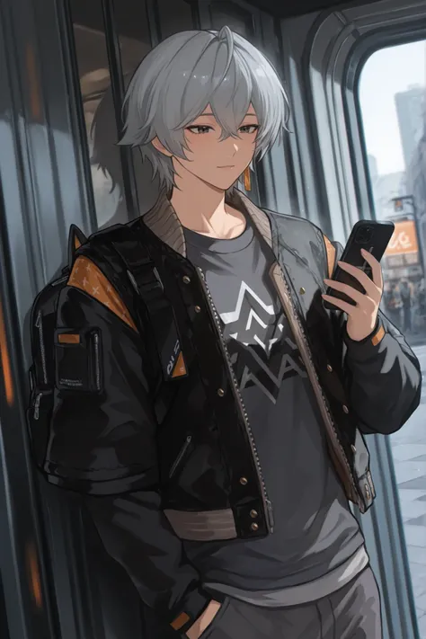 An anime-style character stands with one hand on the cell phone, presenting a relaxing atmosphere, postura confiante. The character has well-combed light gray hair, complementing her modern and youthful appearance. He is dressed in a stylish outfit consist...