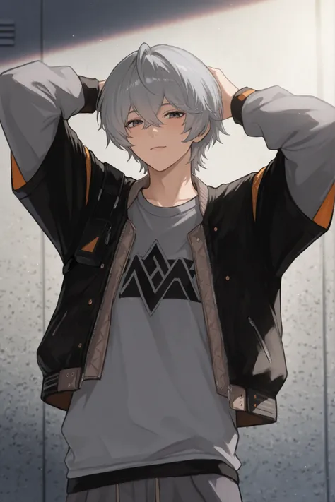 An anime-style character stands with one hand casually placed behind his head, presenting a relaxing atmosphere, postura confiante. The character has well-combed light gray hair, complementing her modern and youthful appearance. He is dressed in a stylish ...
