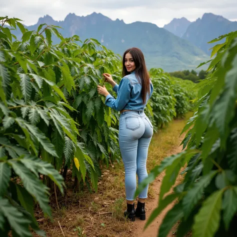Ultra-realistic cinematic rural field scene in medium full shot (American shot) of a woman standing among dense, vibrant green cocoa trees, wearing a fitted denim jacket and light blue high-waisted skinny jeans that accentuate her curvy silhouette. She fac...