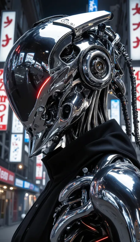 (ultra-detailed cyberpunk android head:1.4), (shiny chrome helmet with hyper-reflective surface showing a dense futuristic urban setting:1.6), (luzes de led, neon advertisements , glowing signs and buildings reflected in the helmet:1.4), (hyperrealistic u...