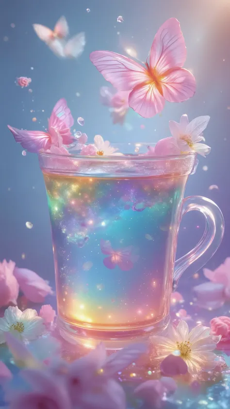 A vibrant, whimsical cup of pastel-colored liquid, filled with floating flowers, butterflies, and sparkling particles, bathed in a soft, ethereal light; the style is fantasy-art, dreamlike, and colorful, evoking a sense of magical beauty.