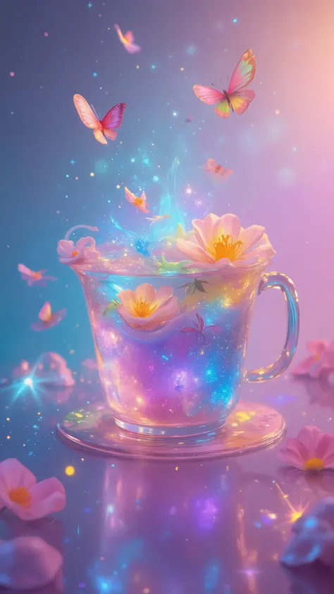 A vibrant, whimsical cup of pastel-colored liquid, filled with floating flowers, butterflies, and sparkling particles, bathed in a soft, ethereal light; the style is fantasy-art, dreamlike, and colorful, evoking a sense of magical beauty.