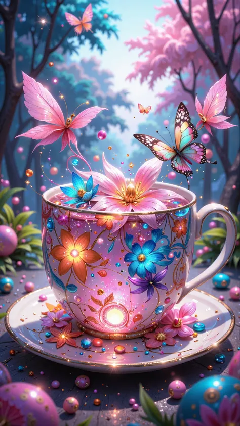 A vibrant, whimsical cup of pastel-colored liquid, filled with floating flowers, butterflies, and sparkling particles, bathed in a soft, ethereal light; the style is fantasy-art, dreamlike, and colorful, evoking a sense of magical beauty.