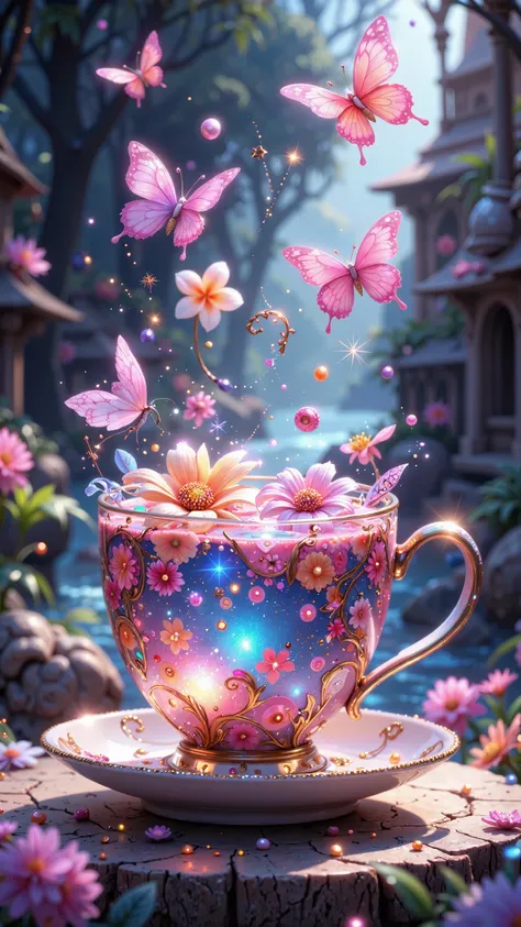 A vibrant, whimsical cup of pastel-colored liquid, filled with floating flowers, butterflies, and sparkling particles, bathed in a soft, ethereal light; the style is fantasy-art, dreamlike, and colorful, evoking a sense of magical beauty.