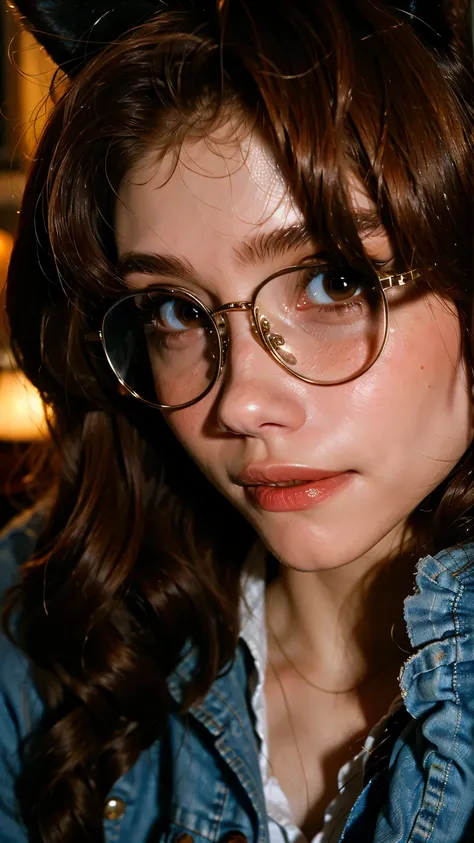 slim fit girl, full body shot, rounded face, very short disheveled dark blonde hair, big blue eyes, glasses, shy smile, perfect small breast, band on head with fake cat ears, look at you, a strand of hair from the bangs hangs between the eyes, accurate sma...