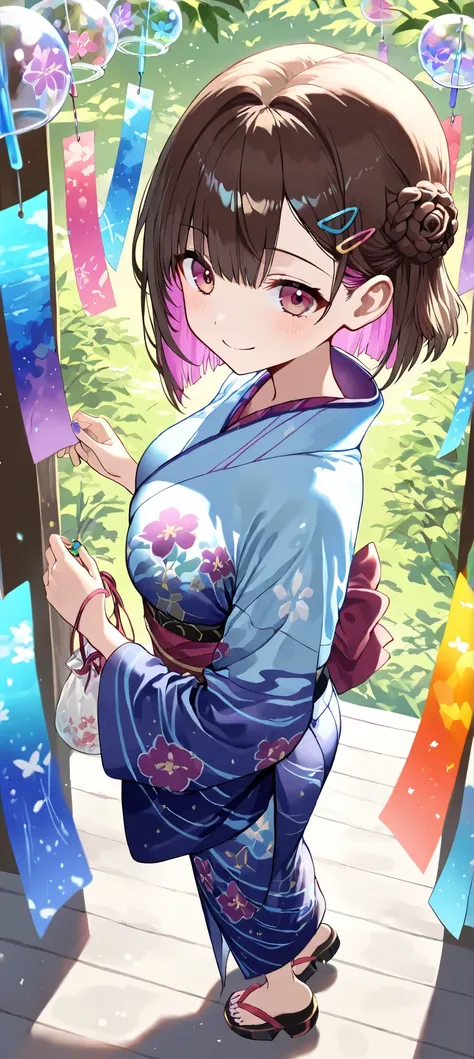 aidmaMJ6.1,good_hands,((4k,8k,Ultra HD)),((Masterpiece :1.2)),((Best quality :1.2)),
 ((Detailed :1.5)), 1girl, (19years old), medium breasts, full body,
 centered in the frame,
 with vibrant, Dark brown hair, braided bun, hair ornament,
 ((Multiple colors...