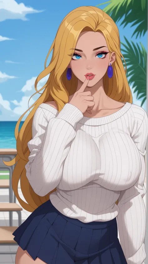 (masterpiece), (portrait), big breasts (aesthetics), ((1 female 21 years old)), Highlight earrings), ((long hair, punk girl style )), ((Hot dark blonde hair)), straight hair, thin eyes open, blue eyes, cute, female, woman, malicious finger on half-open lip...