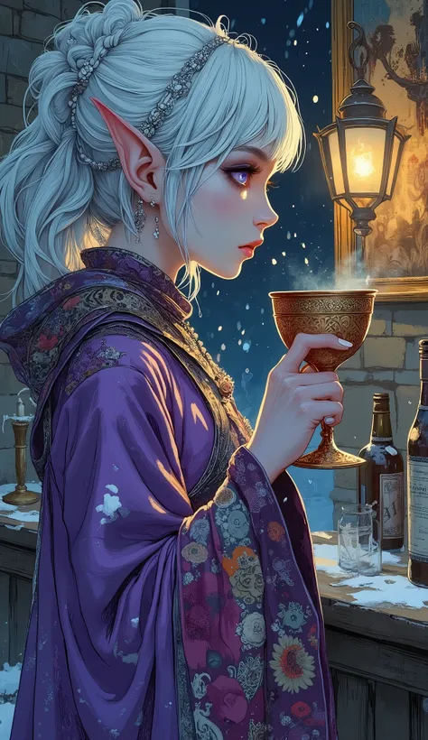 (A fusion of Ukiyo-e and dark fantasy. Aesthetic and gothic digital art. Draw a detailed face. Look away.) BREAK
(Transparent white hair. Blunt bangs. White eyebrows. Long white eyelashes. Almond-shaped eyes. Lavender-colored eyes. Thick, dark eyeliner. S...