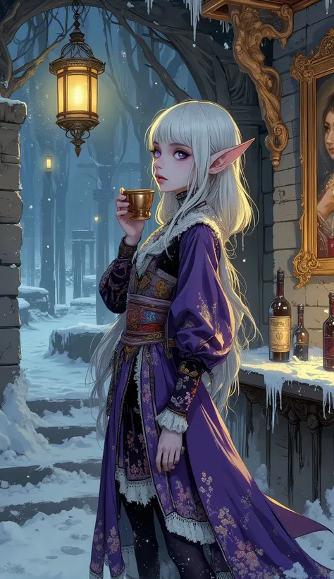 (A fusion of Ukiyo-e and dark fantasy. Aesthetic and gothic digital art. Draw a detailed face. Look away.) BREAK
(Transparent white hair. Blunt bangs. White eyebrows. Long white eyelashes. Almond-shaped eyes. Lavender-colored eyes. Thick, dark eyeliner. S...