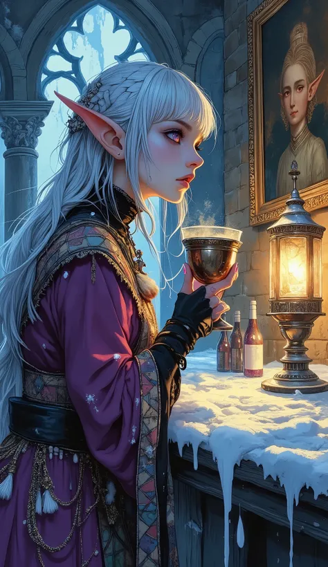 (A fusion of Ukiyo-e and dark fantasy. Aesthetic and gothic digital art. Draw a detailed face. Look away.) BREAK
(Transparent white hair. Blunt bangs. White eyebrows. Long white eyelashes. Almond-shaped eyes. Lavender-colored eyes. Thick, dark eyeliner. S...