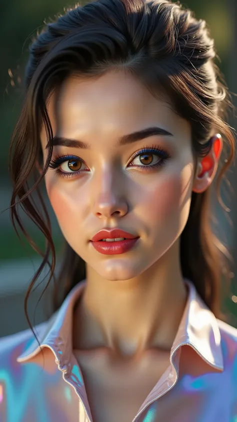  photorealistic Realism, (Ultra high resolution Realistic eyes clear, sharp, absurd quality, not blurry), [long blue_eyelashes:1.33][perfect dark_eyeshadow:pink:1.45][glossy red_lipstick:1.3] professional Magic Makeup on eyes:1.2, perfect composition\ {Cha...