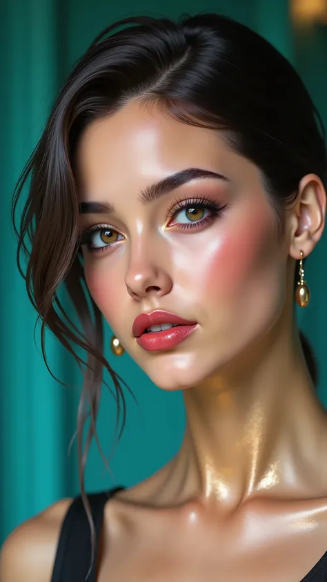  photorealistic Realism, (Ultra high resolution Realistic eyes clear, sharp, absurd quality, not blurry), [long blue_eyelashes:1.33][perfect dark_eyeshadow:pink:1.45][glossy red_lipstick:1.3] professional Magic Makeup on eyes:1.2, perfect composition\ {Cha...