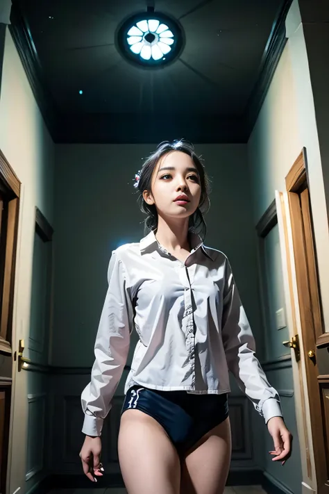 (masterpiece, highest quality),  (night's ghost mansion), One Girl, young teen, Black gymnastics bloomers, High leg、white blouse, walking in night ghost house、Anxious expression, Emotional, Wide-angle, dark, Best Shadow, watercolor,ghost、devil、Death Strike...