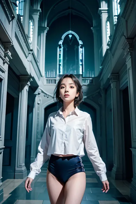 (masterpiece, highest quality),  (night's ghost mansion), One Girl, young teen, Black gymnastics bloomers, High leg、white blouse, walking in night ghost house、Anxious expression, Emotional, Wide-angle, dark, Best Shadow, watercolor,ghost、devil、Death Strike...