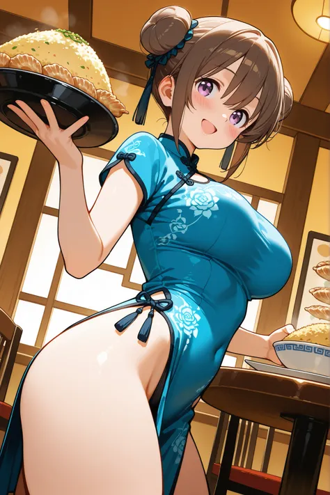 NSFW, 1girl, solo, character focus, thigh focus, from side, from below, dutch angle, dynamic angle, ((restaurant)), ((dining room)), fried rice, jiaozi, dynamic pose, blush, faint lips, happy smile, open mouth, light blue china dress, highleg dress, brown ...