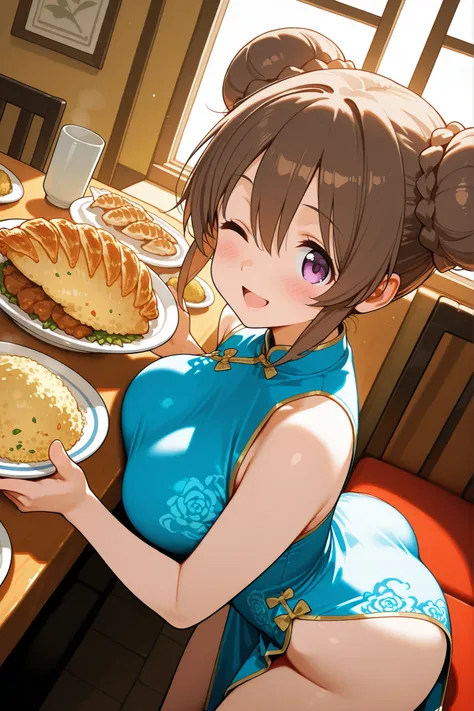 NSFW, 1girl, solo, character focus, from side, from above, dutch angle, dynamic angle, ((restaurant)), ((dining room)), fried rice, jiaozi, dynamic pose, blush, faint lips, one eye closed, happy smile, open mouth, light blue china dress, highleg dress, bro...