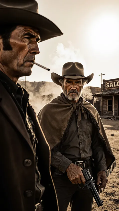 duel scene in the wilderness with dust、1960s spaghetti Stan movies Style、rugged man reminiscent of Clint Eastwood、poncho swaying in the wind and a hat covered deeply、smoke rising from cigarettes、devastated western townscapes、wooden building and saloon sign...