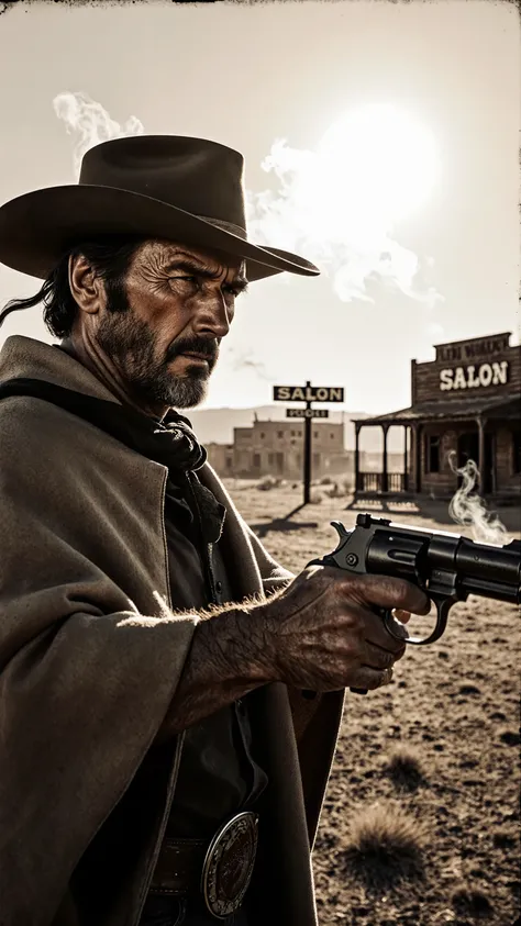 duel scene in the wilderness with dust、1960s spaghetti Stan movies Style、rugged man reminiscent of Clint Eastwood、poncho swaying in the wind and a hat covered deeply、smoke rising from cigarettes、devastated western townscapes、wooden building and saloon sign...