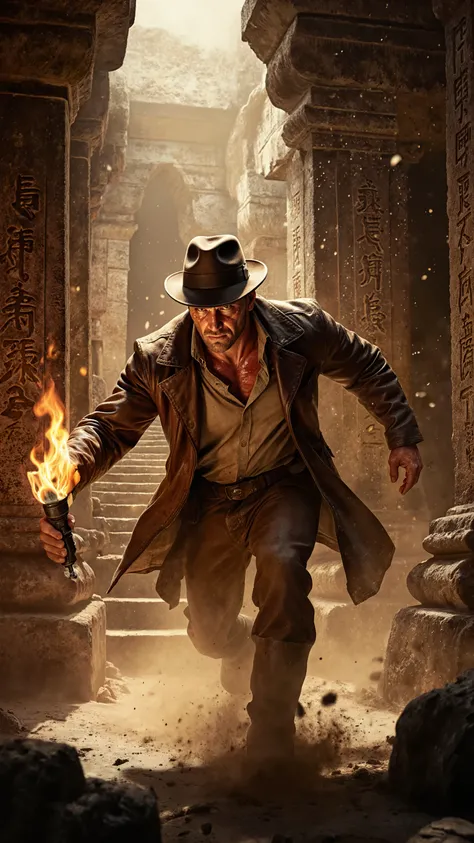 Brave Archaeologists、Brown leather jacket and characteristic fedora hat、Dusty Textures、Sweaty Forehead、Determined Expression、muscular physique、Costume Fluttering in the Wind Inside an Ancient Temple、Mysterious Space、Dust Fluttering Atmosphere、Ancient Stone...