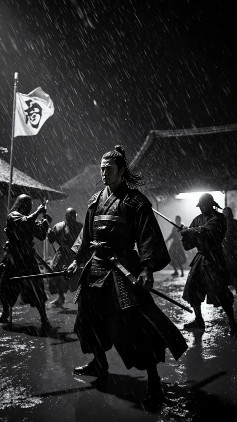 Battle scene in heavy rain、Mud-covered village square、Silhouettes of seven samurai、Warrior in armor、Flowing kimono and swords、Close Up of Tense Expressions、Samurai's face hit by rain、 Dramatic Monochrome Contrast、Contrast of deep shadows and bright light、G...