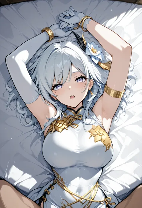 mole under eye、Armlet for left arm、bracelet for right wrist、sleeveless china ,anime girl Picture of a woman with long white hair and a flower in her hair, gray hairの deity, Anime Goddess, gray hairの, gray hairの lady, gray hair, with long white hair bundled...