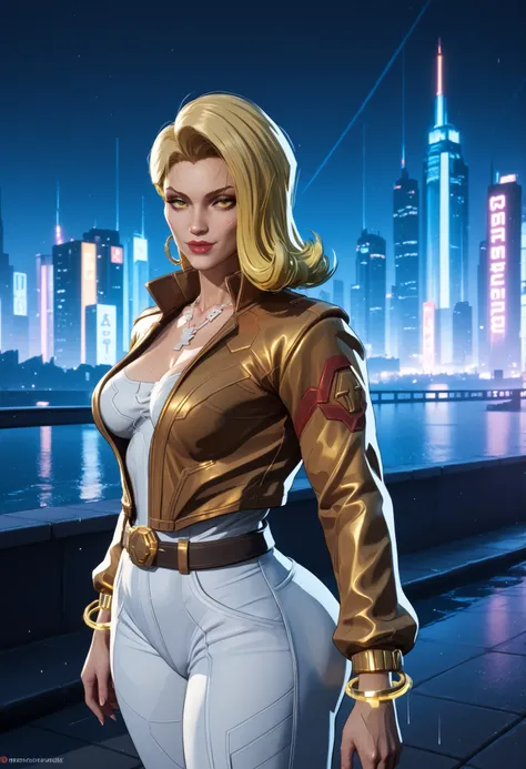 score_9 , score_8_up , score_7_up,, 1girl. 3mm4ph03nix 1girl, front view. gun belt, yellow eyes, standing at the top of a building, front view, sexy smirk, dark golden cyberpunk jacket, dark golden jacket, white top, white phoenix pant, cyberpunk pants, ou...
