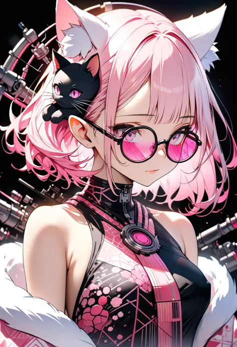 ether machine girl、Fluffy white fur grows from behind the ears Ears {x} pink similar to blood vessels connected to the neck and back Tube {x} Intricate illustration in an imaginative cyberpunk art style, Translucent white short hair (black cat ears) Stylis...