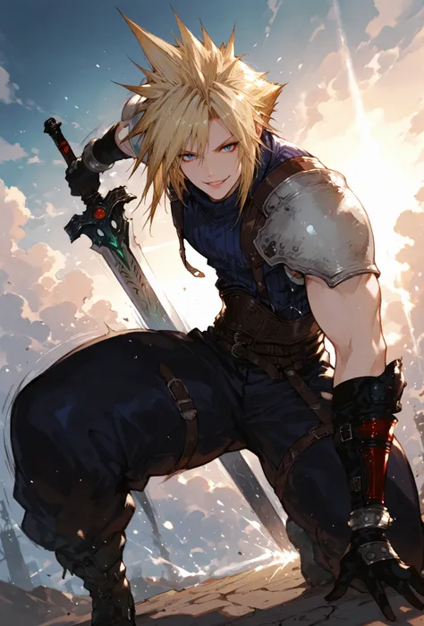 (((BARE ARMS))(score_9,score_8_up,score_7_up),((MAN, 1 MAN, CLOUD STRIFFE , FINAL FANTASY VII, CLOUD full SOLDIER clothers, WITH A BASTARD SWORD,), ,,extremely detailed,dynamic lighting,best quality,,,best quality,high quality,, , dynamic angle, , thick th...