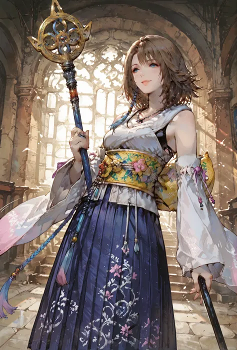 (score_9,score_8_up,score_7_up),Yuna (FFX), ((WOMAN,YUNA , FINAL FANTASY X, YUNA full clothers, WITH A MAGICAL YUNA STAFF ,), ,,extremely detailed,dynamic lighting,best quality,,,best quality,high quality,, , dynamic angle, , thick thighs, motion lines,, ...
