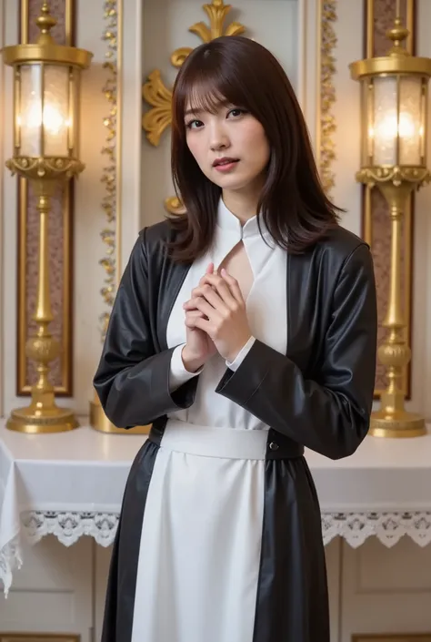 costume with a wide opening at the chest.  (((The background is decorative))). (((with a wide opening around the neck))). the veil over the head、I can see lots of bangs and rich hair. The skirt is long、An atmosphere that combines solemn spirituality with a...