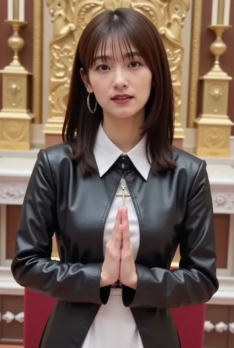 costume with a wide opening at the chest.  (((The background is decorative))). (((with a wide opening around the neck))). the veil over the head、I can see lots of bangs and rich hair. The skirt is long、An atmosphere that combines solemn spirituality with a...